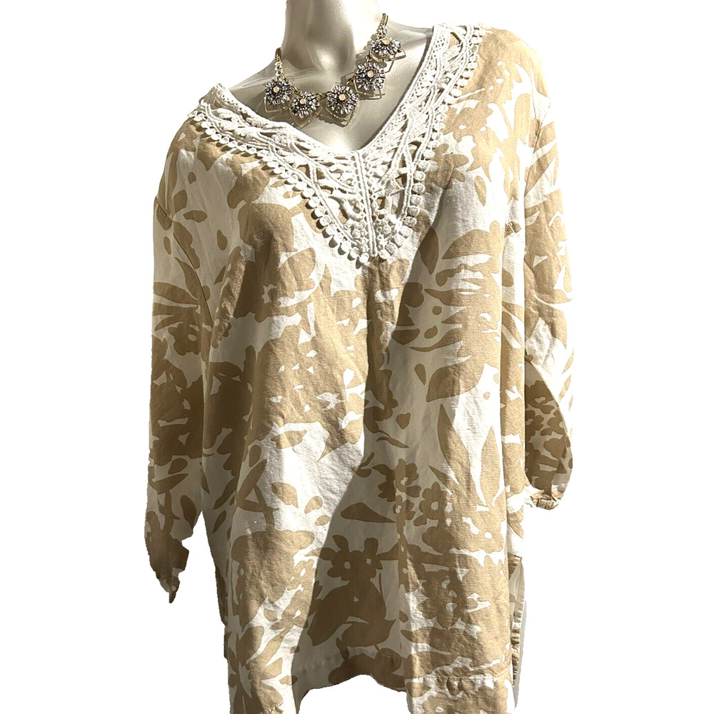 Women’s Premise Tan Brown And Ivory White Lace Peasant Top in Size 2X 22 24